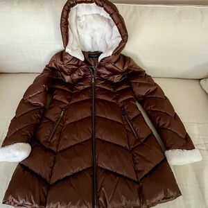 Laundry By Shelli Segal Chocolate Puffer Coat with White Faux Fur